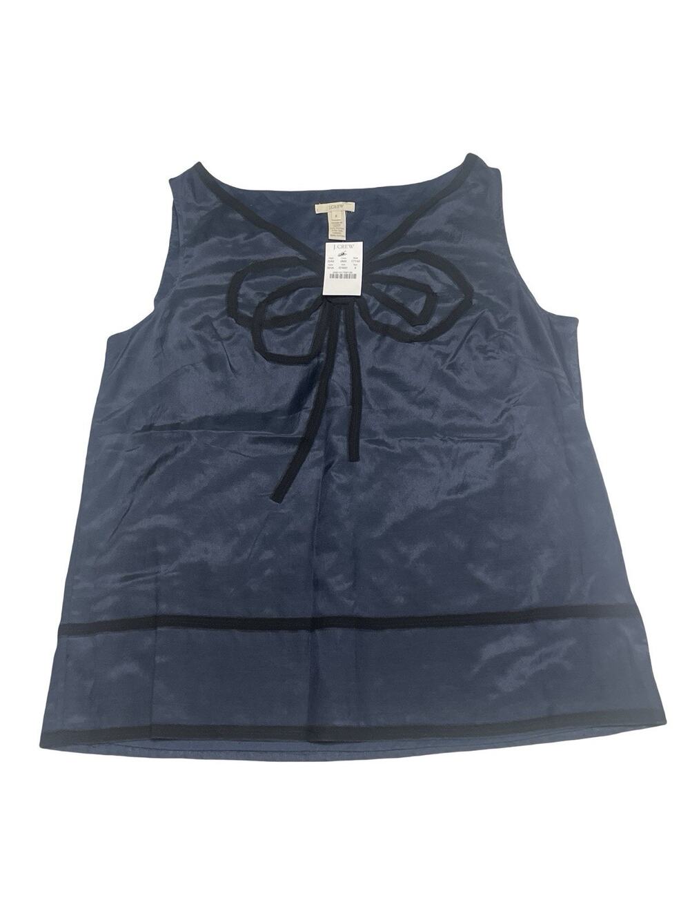 J.Crew Navy Blue Farrah Bow Top Size 8 Sleeveless Shell Cotton Silk NWT